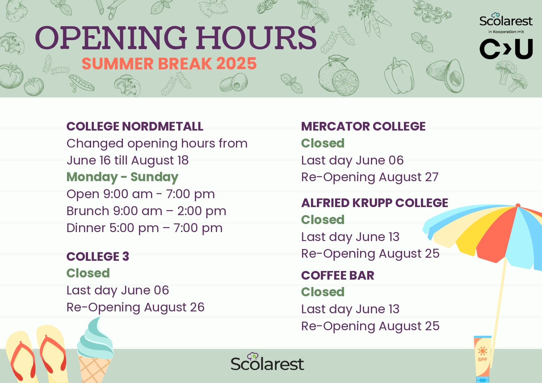 Opening Hours Summer Break Updated