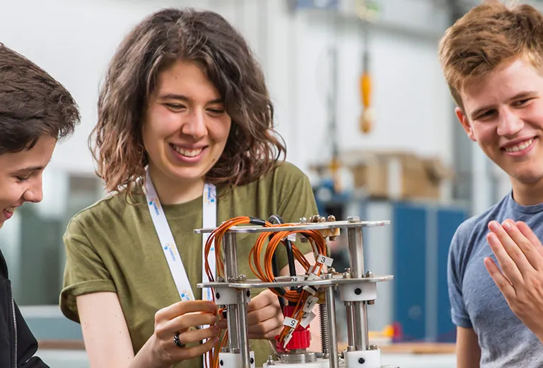 Students in a research building