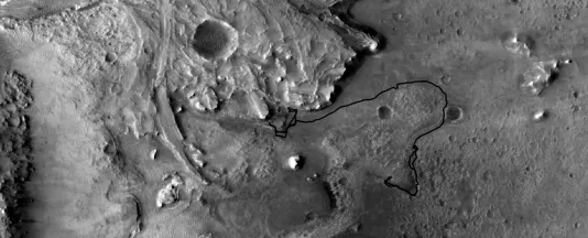 Kartenansicht des Jezero-Kraterdeltas (NASA / MRO / CTX / USGS Astrogeology). In Schwarz die Traverse des NASA Mars2020 Rovers (MASA MMGIS / JPL). (Quelle: Constructor University) 