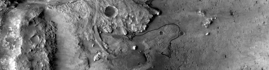 Kartenansicht des Jezero-Kraterdeltas (NASA / MRO / CTX / USGS Astrogeology). In Schwarz die Traverse des NASA Mars2020 Rovers (MASA MMGIS / JPL). (Quelle: Constructor University) 