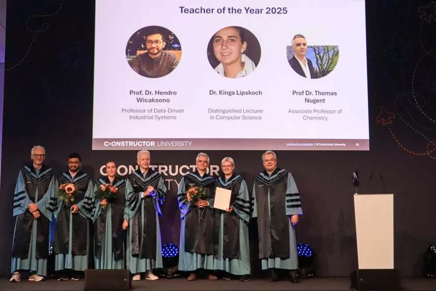 Teaching excellence: professors Hendro Wicaksono, Kinga Lipskoch and Thomas Nugent honored as Constructor University’s 2025 Teachers of the Year.