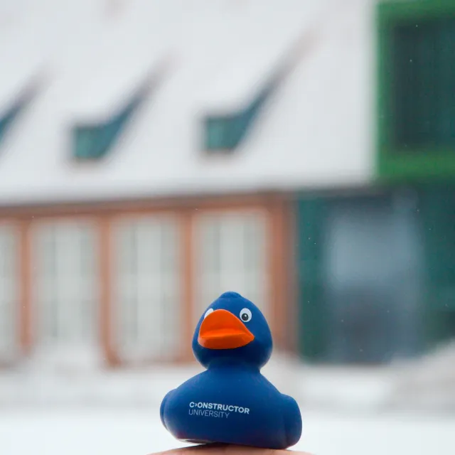 Joana, Constructor University mascot, in front of the IRC building in winter